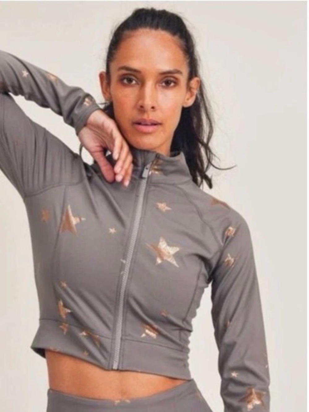 MONO B Cropped Star-Print Zip-Up Athletic Jacket in Gray with Foil Gold Stars